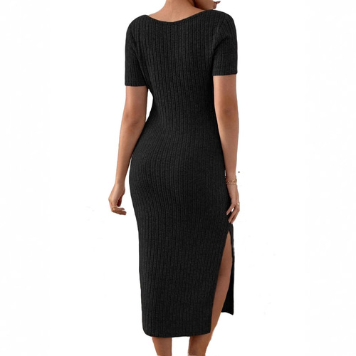 Maternity dress 2025 European and American French-style square neck side slit maternity dress, elegant knitting short-sleeve maternity one-piece dress