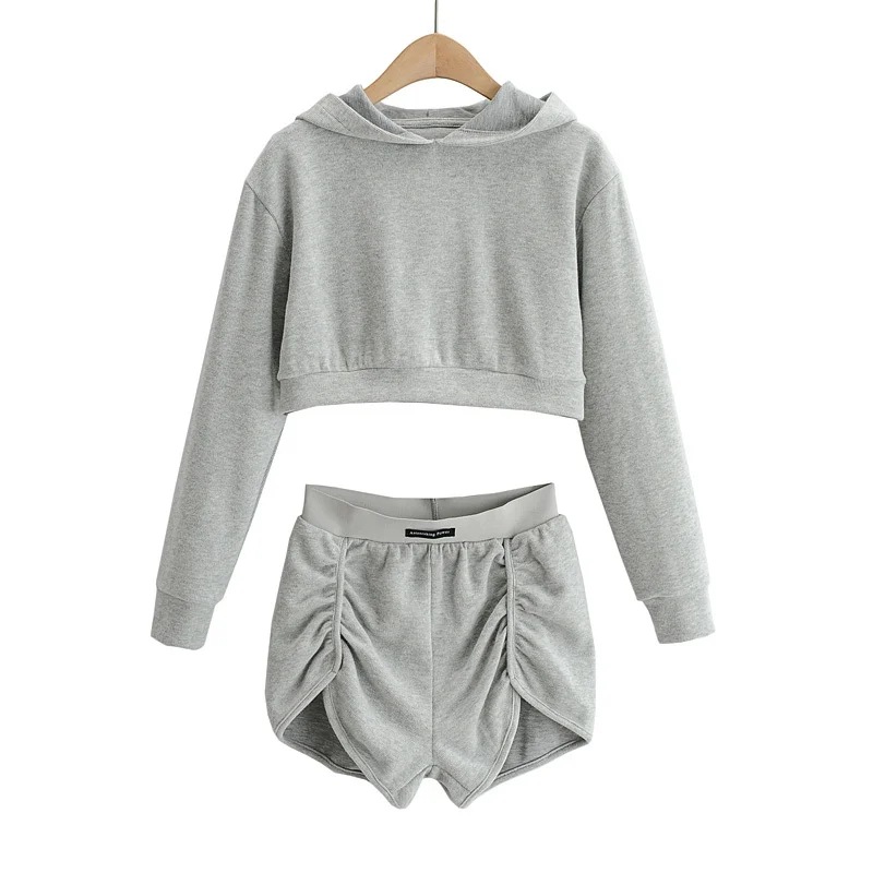 solid color hooded sweatershirt pleated sports shorts suit NSHS24118