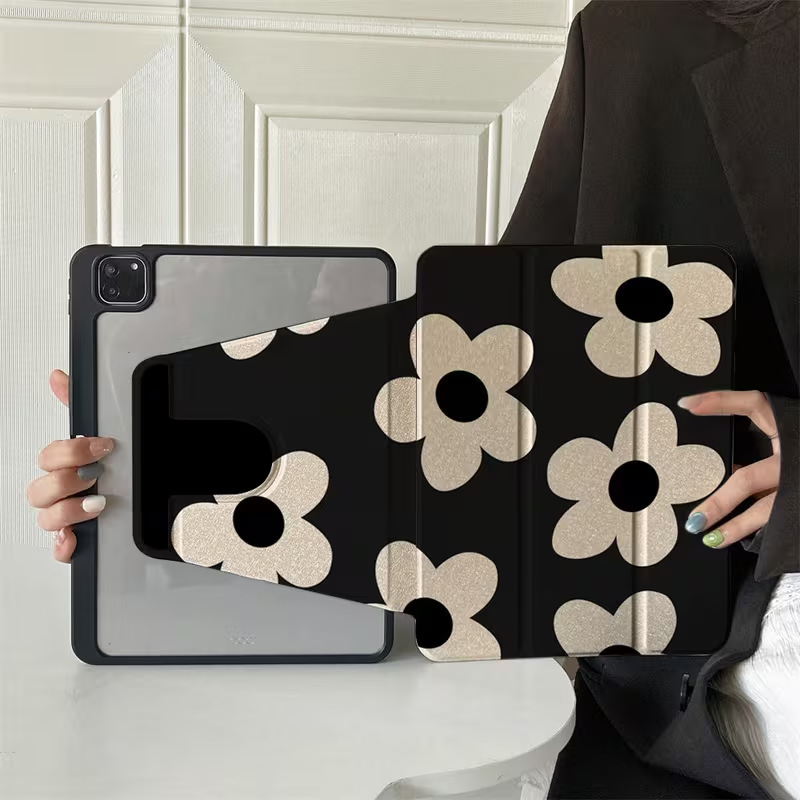 Black Background with White Flowers Suitable for Apple iPad Pro 2024 Tablet Protective Case Air M3/A16 Rotatable