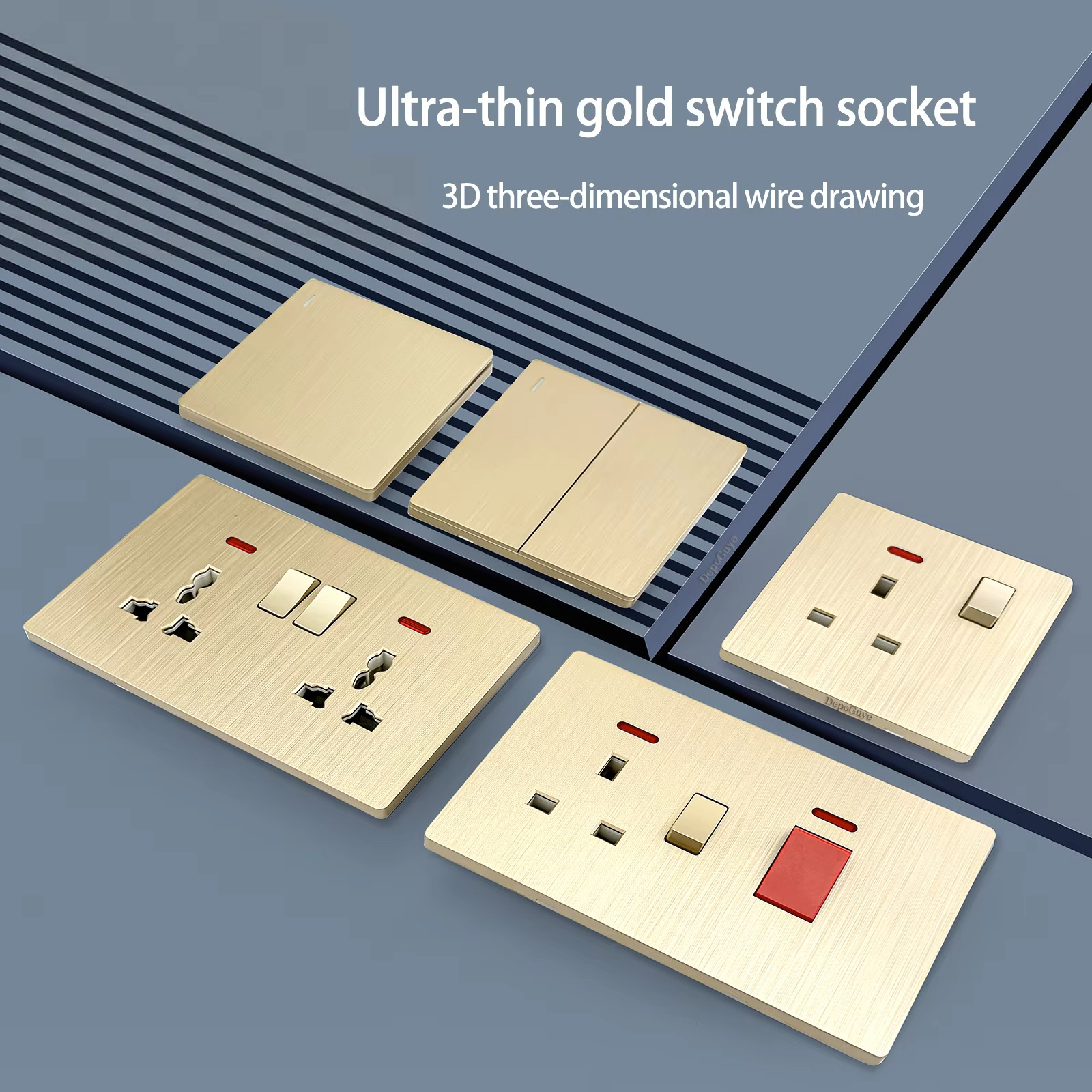 英式欧式开关插座一开13A插座多功能五孔USB插座面板拉丝金色开关