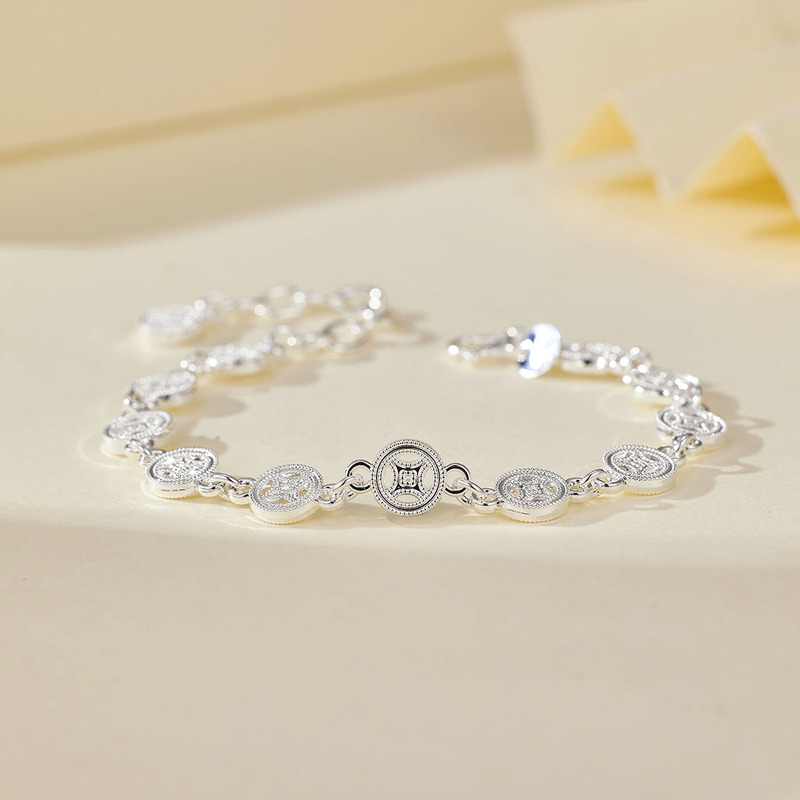 Silver Coin Chain Bracelet for Attracting Wealth, Vintage Hollow Copper Coin, Chinese Style, Simple Niche, Light Luxury, Exquisite