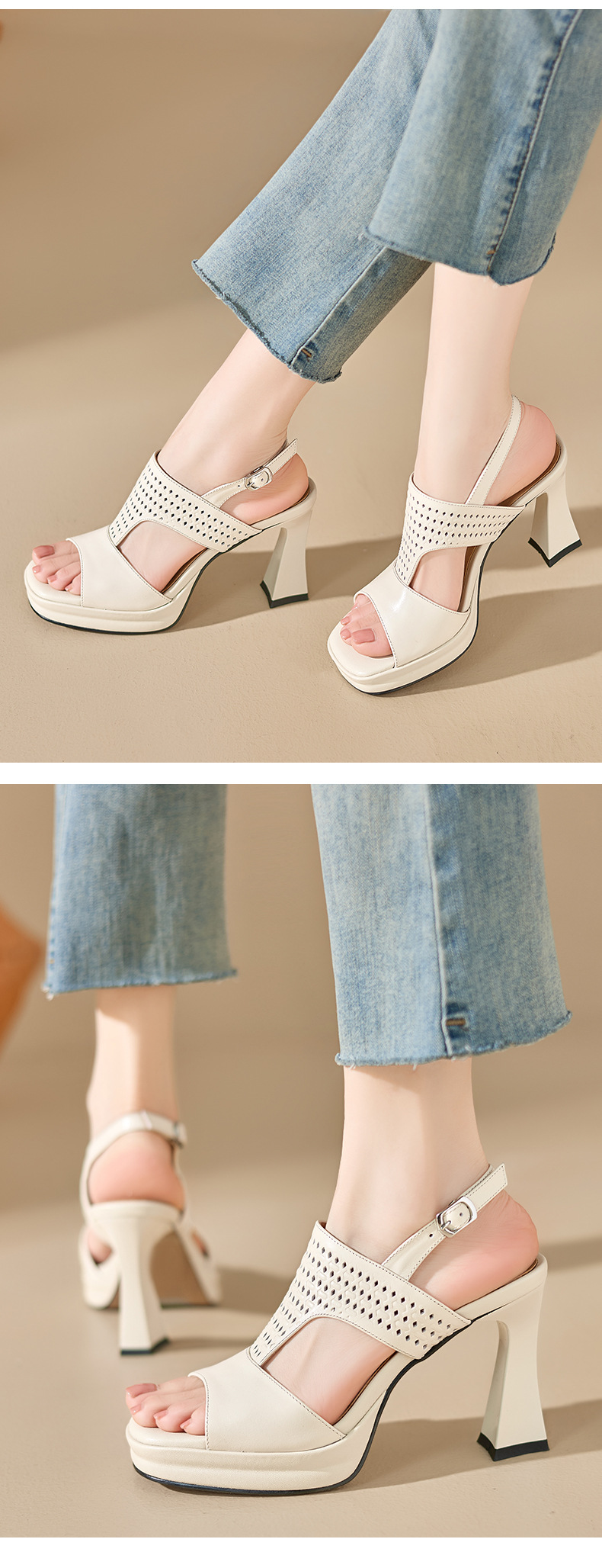 Sandal cao gót nữ hở mũi quai ngang khóa gót 9 cm — màu trắng ngà chi tiết 9