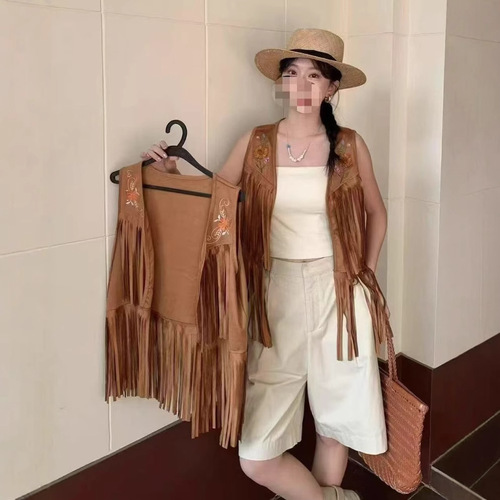 Ethnic Style Vintage Suede Vest for Women with Embroidery, Paired with Skirt and Outerwear, Bohemian Fringe Cardigan