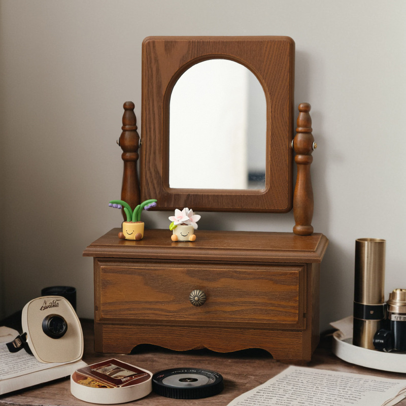 木质桌面化妆镜收纳盒复古梳妆镜收纳网红镜子