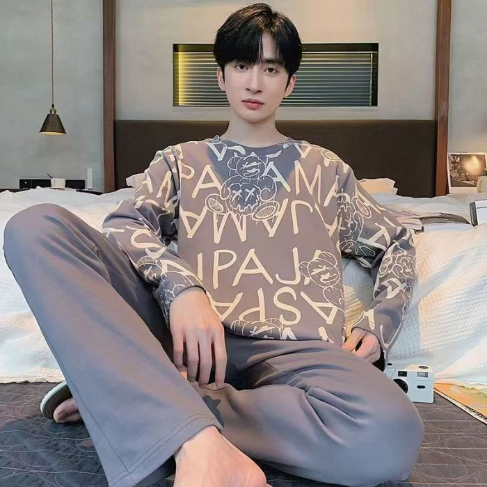 Corea del Sur 2024 pijamas de hombre de otoño pantalones de manga larga larga con un conjunto de sombreros más grande ropa casera simple al por mayor