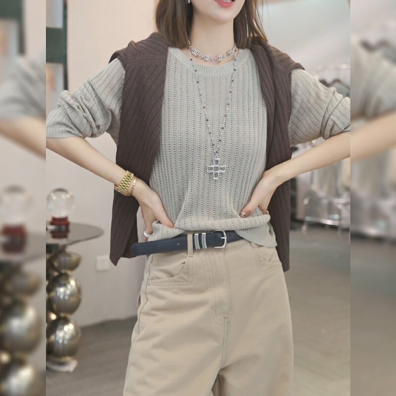 高级感气质灰色圆领针织衫女2025早秋新款大码女装洋气欧货上衣潮|undefined