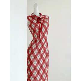 复古蔷薇复古红玫瑰格纹无袖连衣裙系带设计显瘦温柔风日常旗袍