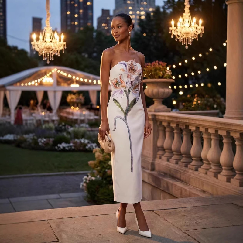 Cross-Border Summer New Style Printed Floral Embroidered Tube Top Dress White Waist-Cinching Slimming Mid-Length Dress Cross-Border Summer New Style Printed Floral Embroidered Tube Top Dress White Waist-Cinching Slimming Mid-Length Dress