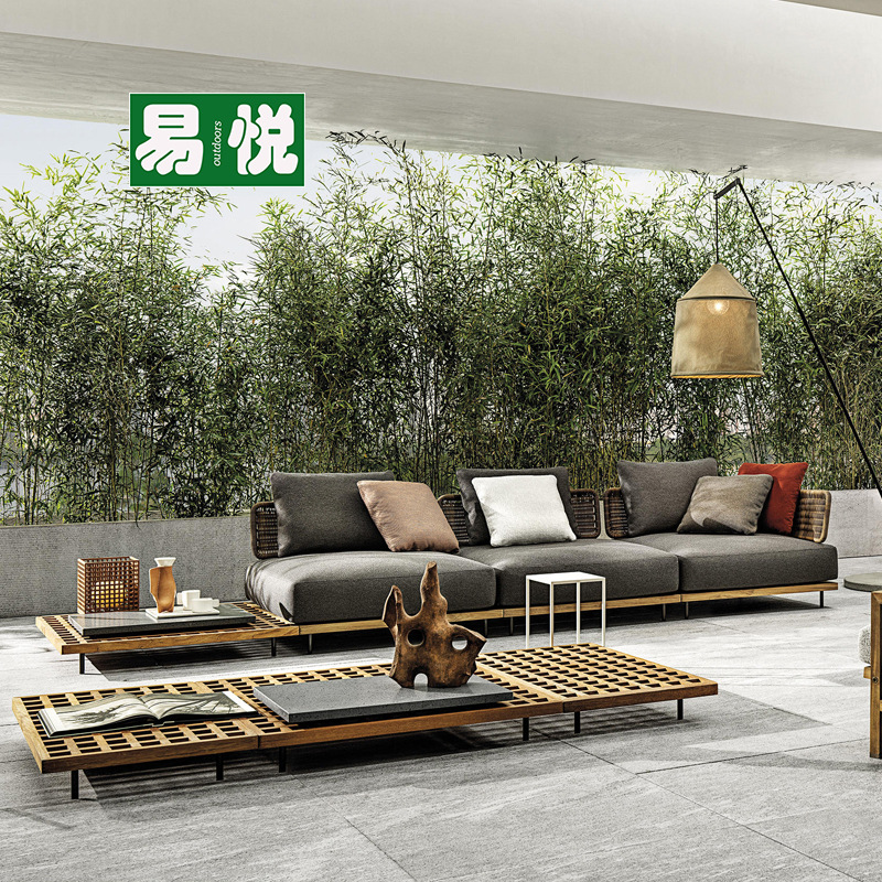 Villa ocio combinación de sillas de caña mesa de té de madera maciza al aire libre jardín patio sala modelo sofá sofá de teca al aire libre