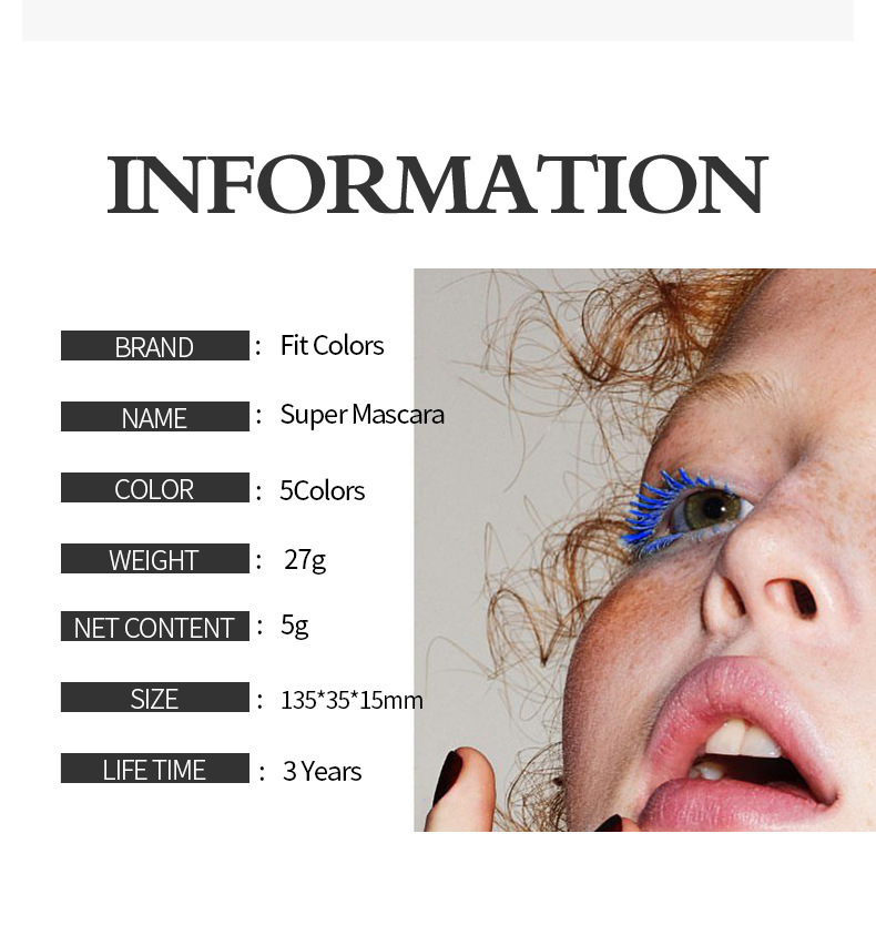 Fit Colors Double-head colored mascara is thick, curly and less likely to smudge white hair Item Picture