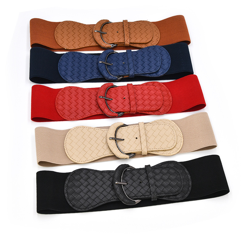 Hebilla de cuero Plaid cinturón ancho de moda de las mujeres cinturón decorativo vestido abrigo elástico vinculante cintura sello