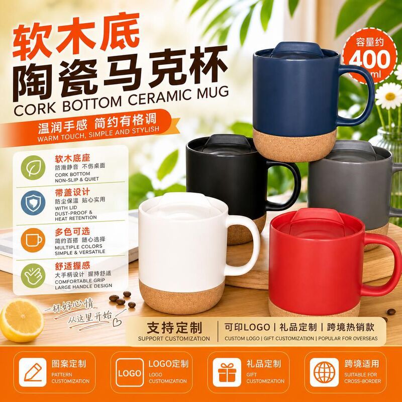 Multi-Color Cork-Bottom Ceramic Mugs Can Be Customized with Printed Logo, Creative Gift-Giving, Advertising and Promotional Gift Cups