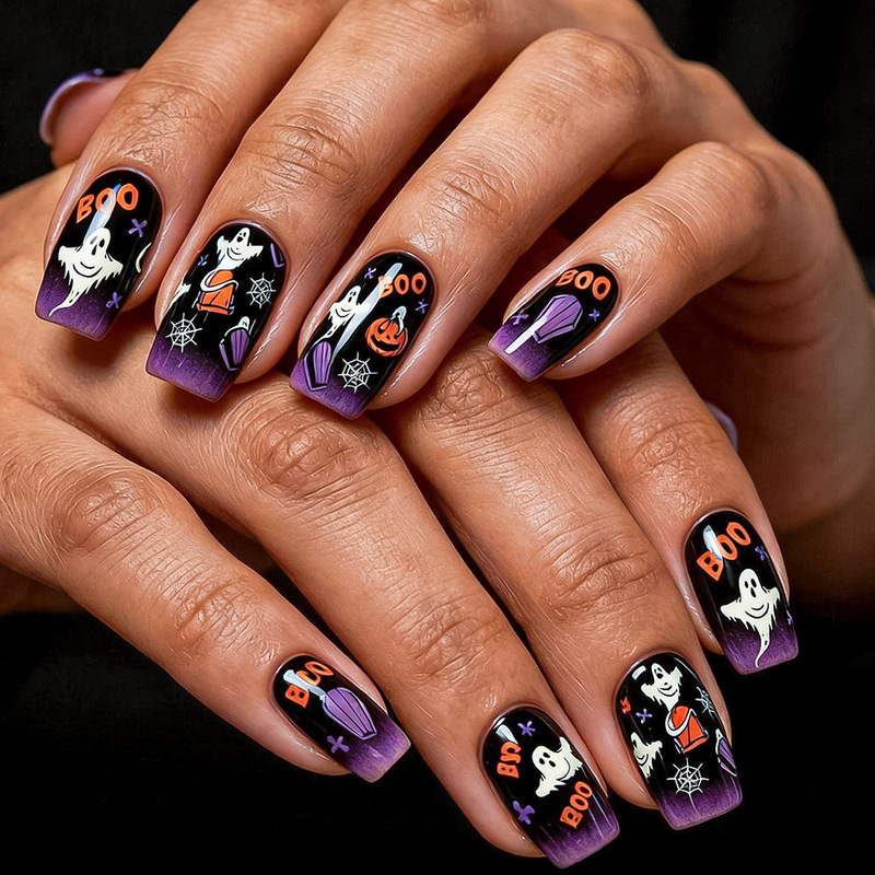 Halloween Sweet-Cool Dark Style Wearable Nails Black-Purple Gradient Ghost Pumpkin Coffin Medium-Sized Detachable Nail Art Set 24 Pieces