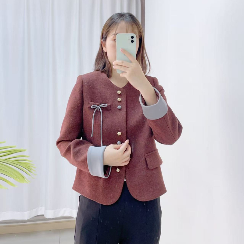 汉派品牌专柜2025早秋新款优雅圆领蝴蝶结装饰厚小香风外套女035|undefined
