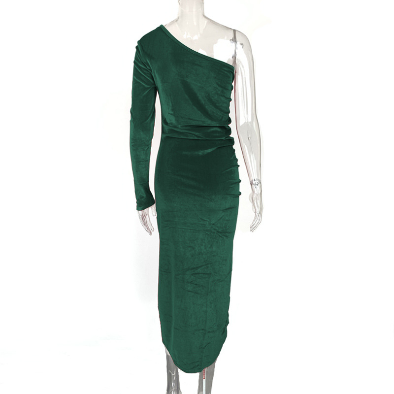 Damen Samtkleid Für Den Winter Sexy Schräges Schulter-design Slim_voghion.com