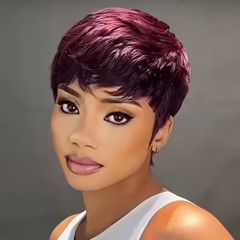 European and American women's burgundy purple short pixie wig with rose clasp, high-temperature synthetic fiber, full wig, cross-border supply
