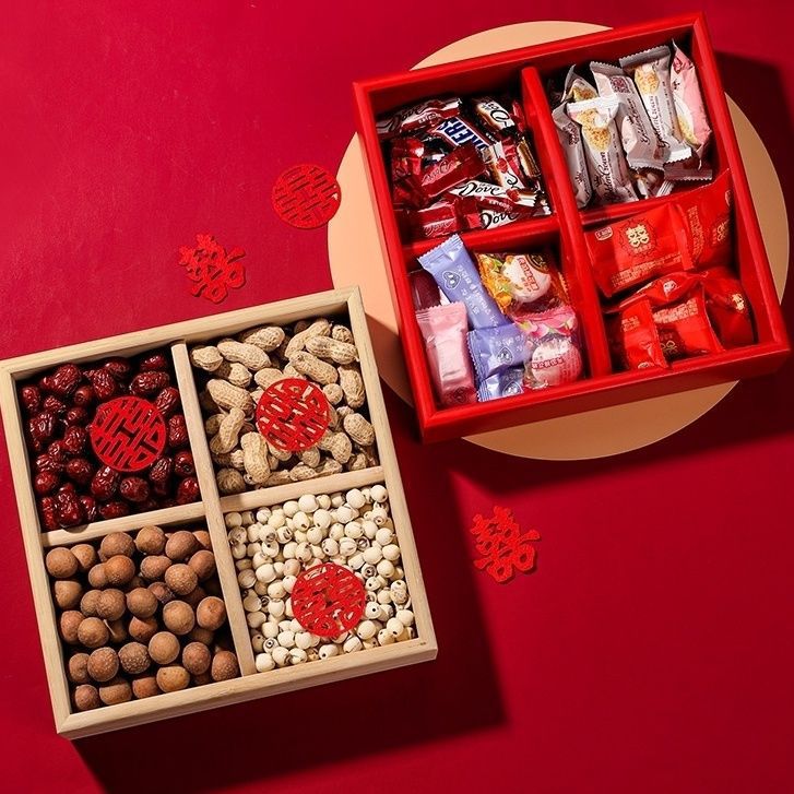 Solid Wood Dried Fruit Box Early Life Your Son Four-grid Plate Engagement Desktop Ornaments Wedding Red Dried Fruit Box Wholesale Wooden Box