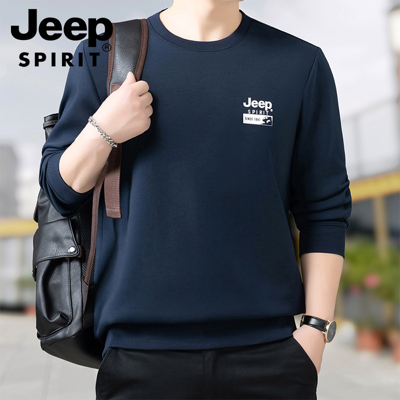 JEEP SPIRIT 긴팔 티셔츠 남성용 캐주얼 스웨터 가을 새로운 중년 및 젊은 남성 라운드 넥 탑베이스 셔츠