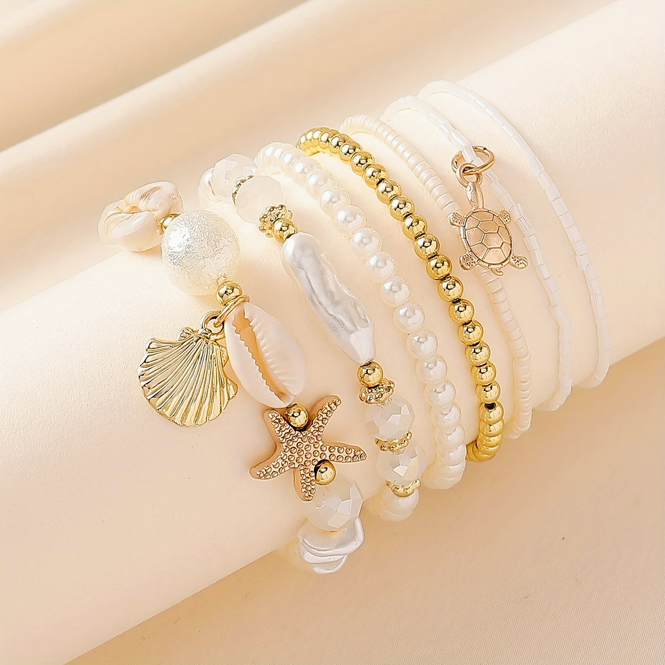 Neues europäisches und amerikanisches grenzüberschreitendes Muschel-Seestern-Armband, modischer Meereswellen-Schmuck im Boho-Stil mit Perlen am Strand_voghion.com