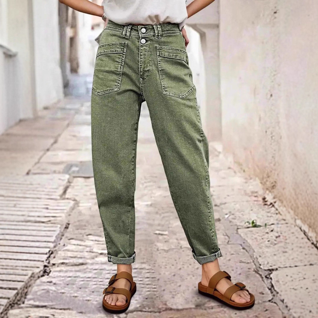 Cross-Border Amazon European and American Style Stretch Mid-Waist Straight-Leg Jeans with Green Button Design and Diagonal Pockets, Suitable for All Seasons