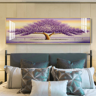 Fashionable Popular Bedroom Hanging Painting with Lights, Living Room Banner Background Wall Led Decorative Oil Painting Purple Tree Scenery Crystal Porcelain Painting