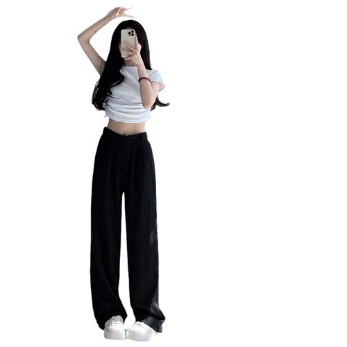 High-waisted suit pants, women's small man, spring and autumn, high-end, drag-looking black, slimming casual, straight, wide-leg pants