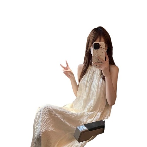 Sweet V-Neck Blouse Dress Fairy Summer 2025 New Pure Color Dress Sleeveless Elegant A-Line Long Dress