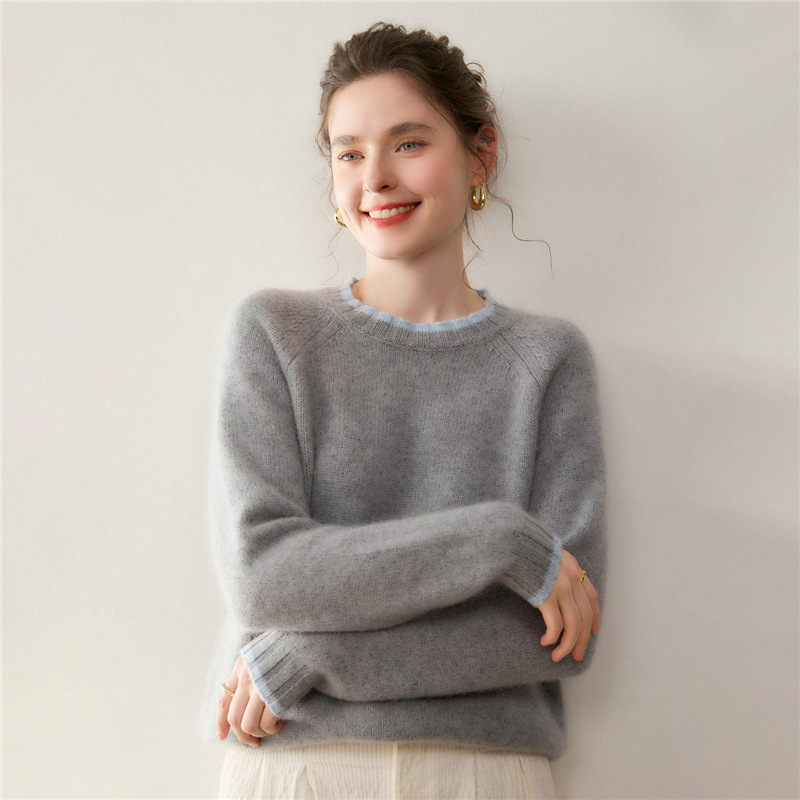 Soft Cashmere Knit Elegant Round Neck Raglan Color Matching Fashion Casual Simple Women's Versatile Wool Autumn and Winter New Style