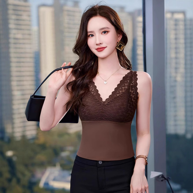 Brown Wide-Shoulder Camisole for Women 2025 New Summer Slim-Fit Beautiful Back Sleeveless Lace Base Top