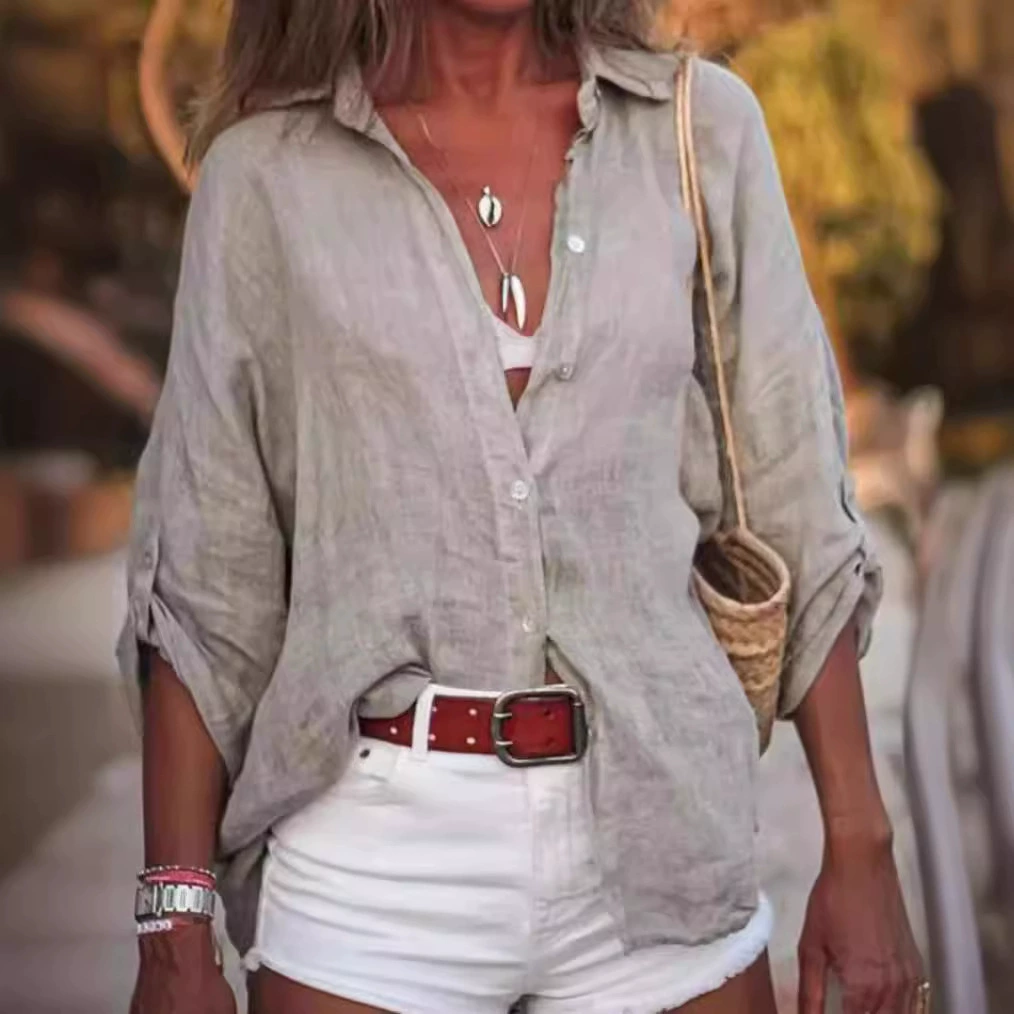 Новая женская рубашка из хлопка и льна однотонного цвета свободного кроя с рукавом три четверти для Amazon (Европа и Америка), коллекция 2025 года