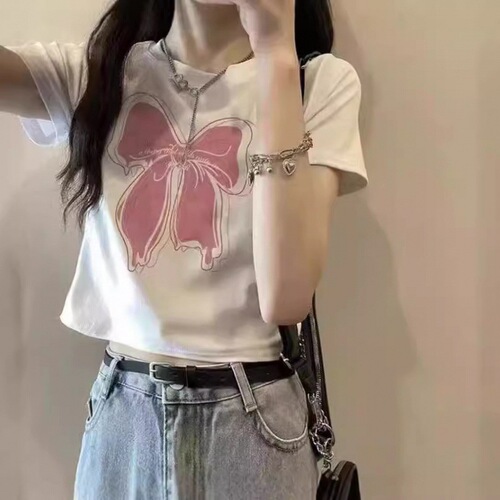 American Street Hot Girl Short Sleeve T-shirt for Women Summer Slimming High-Waisted Midriff-Baring Short Fashion Print Top