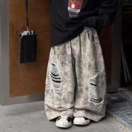 泰如2026秋季新款儿童美式帅气做旧休闲裤男童宽松破洞百搭长裤