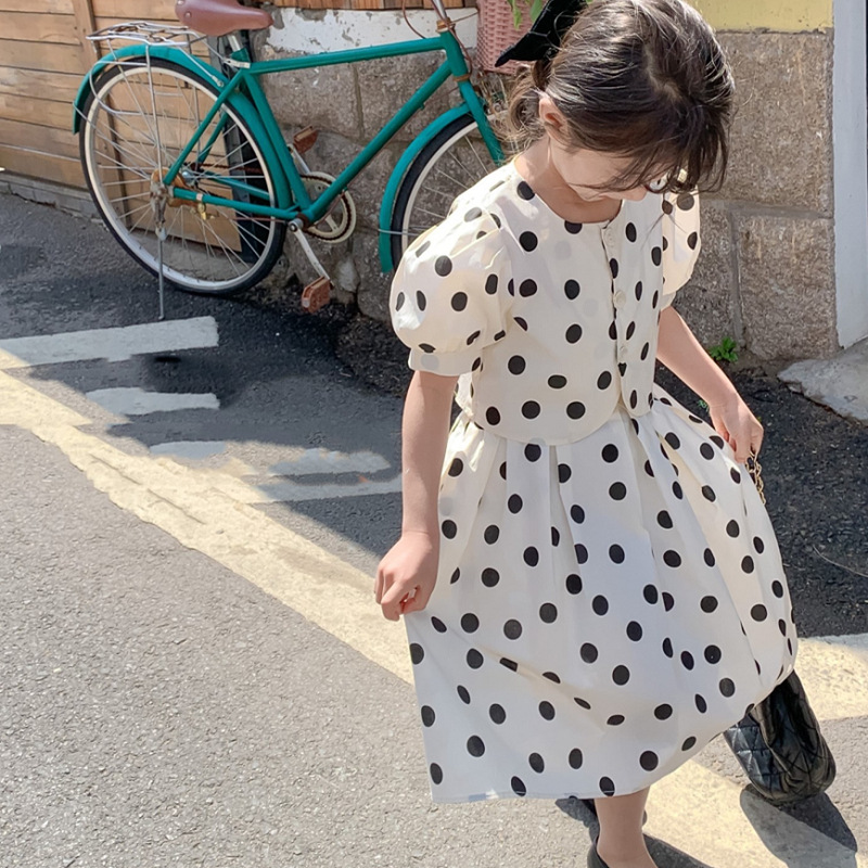 Foreign Trade Kidsren's Clothing Wholesale Girls' Suits Summer New Kidsren's Little Girls Polka Dot Puff Sleeve Cardigan Plus Skirt