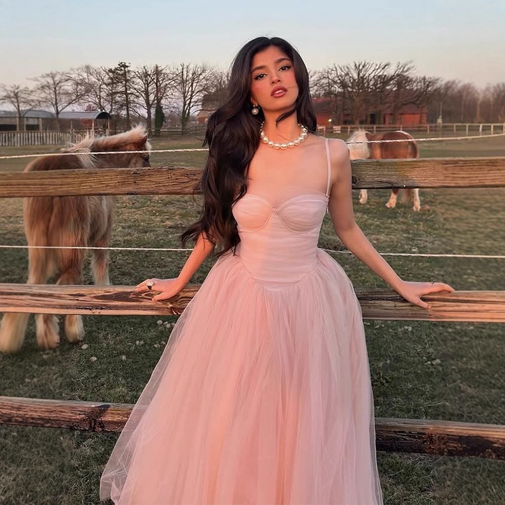 Cross-Border French Pink Gentle Style Suspender Dress Sweet Mesh Long Skirt Temperament Waist Evening Dress Ballet Skirt