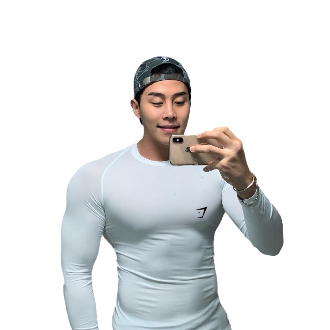 Cruzar la frontera de los hombres Fitness medias deportivas de manga larga de secado rápido músculo matando camiseta deportes estiramiento cuello redondo slim fit transpirable
