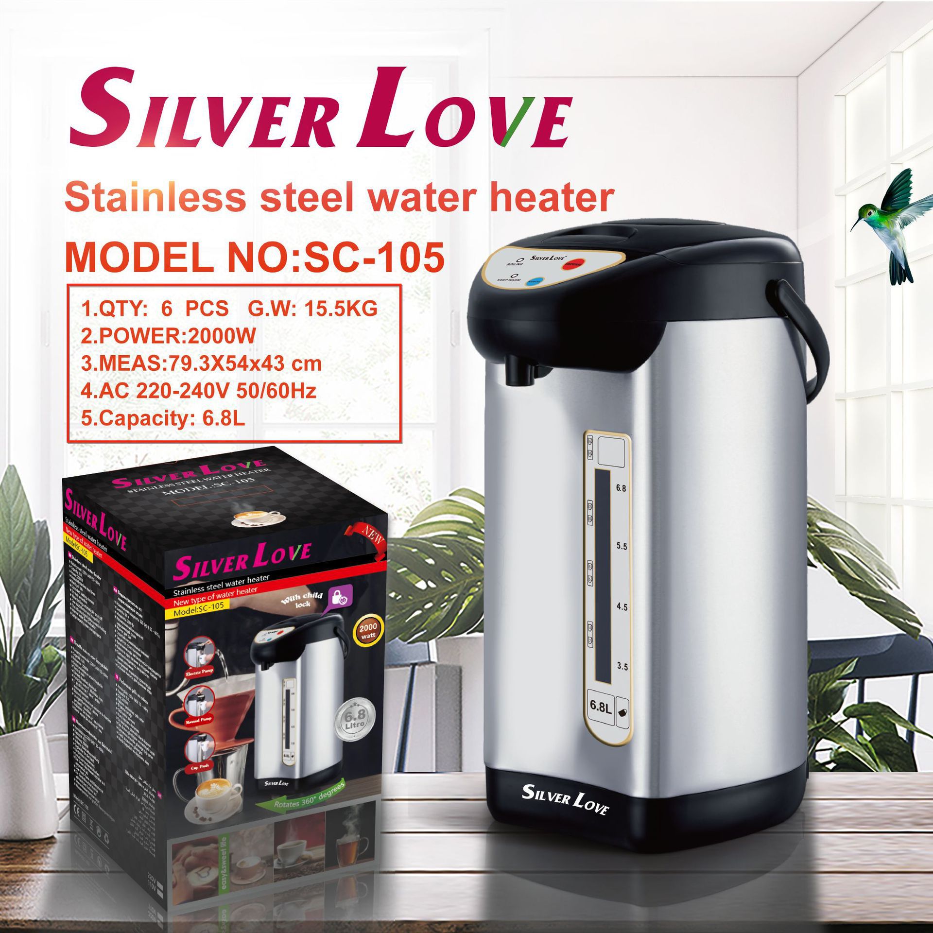 SILVER LOVE acero inoxidable hervidor eléctrico de agua caliente botella de agua caliente eléctrica de gran capacidad hervidor de agua caliente doméstico transfronterizo