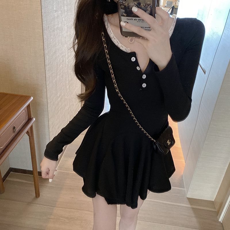 Korean-style Retro Tight Waist Slimming Lace Poncho Base Shirt dress Women's Autumn and Winter Sexy Inner Skirt Hundred JJJZ
