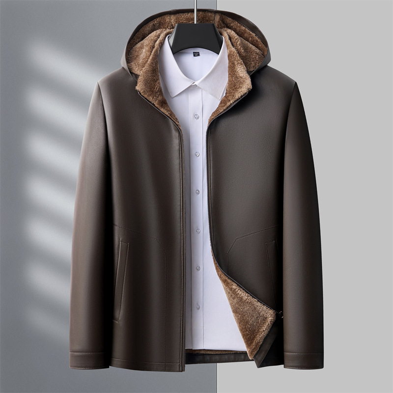 Men's winter fleece-lined, thick, warm, one-piece fleece coat, loose fit, father's style leather jacket