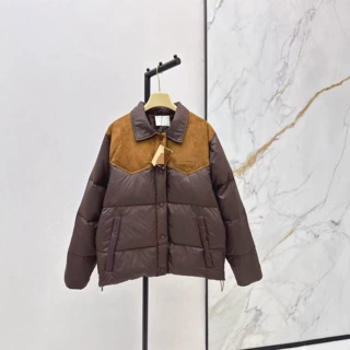 深圳南油25秋冬时髦复古撞色拼皮绒面翻领字母刺绣面包羽绒服外套