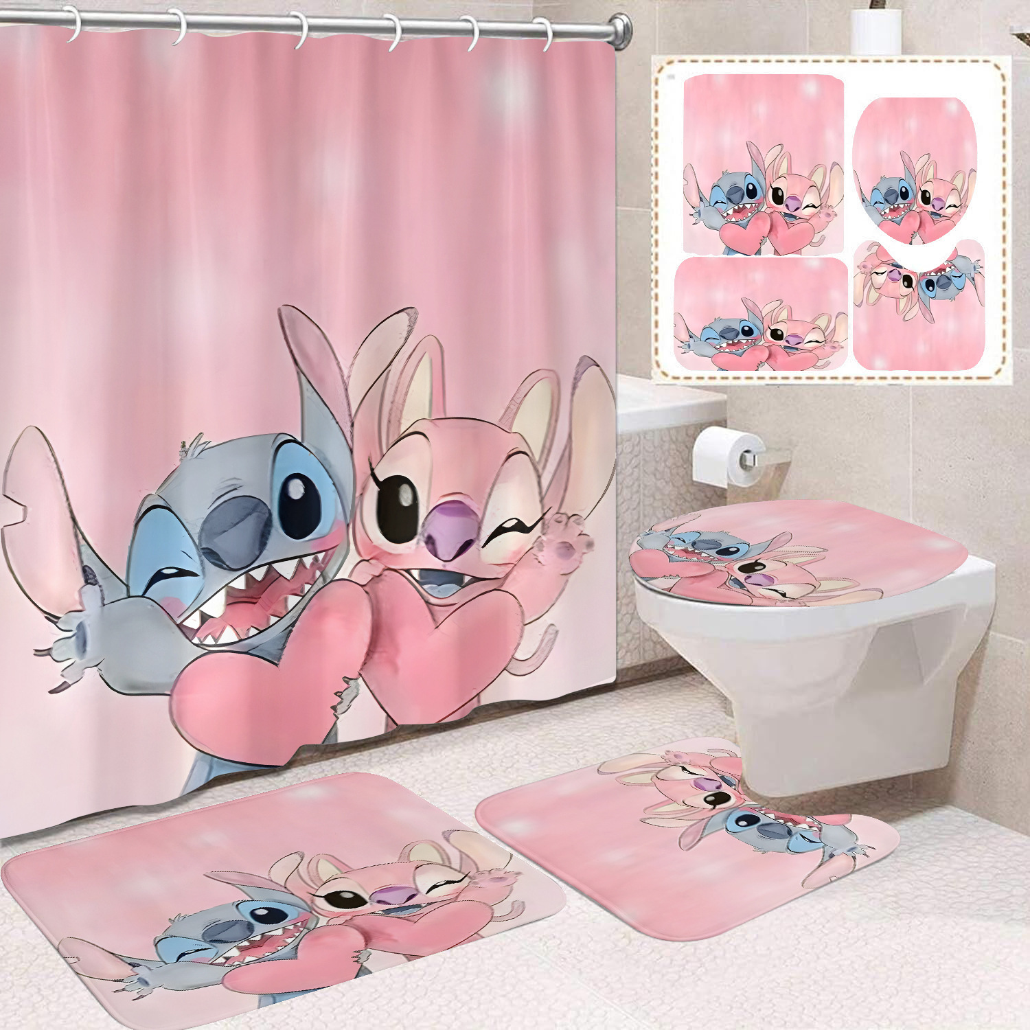 Venta directa de fábrica lindo baño de dibujos animados de cuatro piezas cortina de ducha impermeable cortina de ducha sin perforación cortina de partición de baño de baño