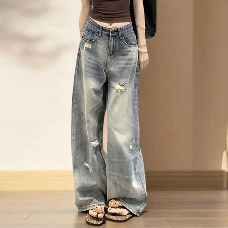 Plus Size Wide-Leg Jeans for Women, American Style Ripped Summer New Loose Slimming Floor-Length High-Waisted Versatile Straight Pants