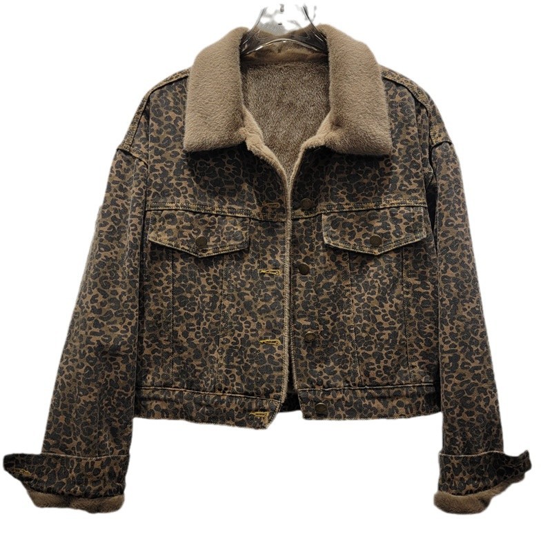 Women's Clothing Mink Leopard Print Thickened Denim Short Jacket Winter Slim Warm Tops_voghion.com