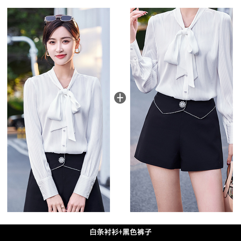 White striped shirt + black shorts KY811