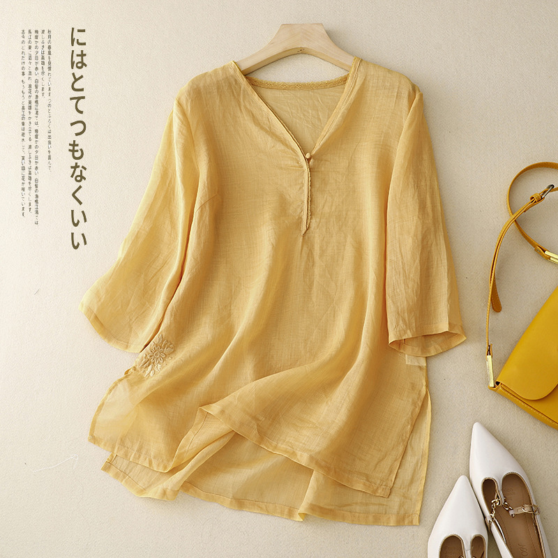 Real Shot of Summer Thin Artistic Pure Color Embroidered Cotton and Linen Shirts for Women, Simple and Light Ethnic Style Casual Tops Real Shot of Summer Thin Artistic Pure Color Embroidered Cotton and Linen Shirts for Women, Simple and Light Ethnic Style Casual Tops