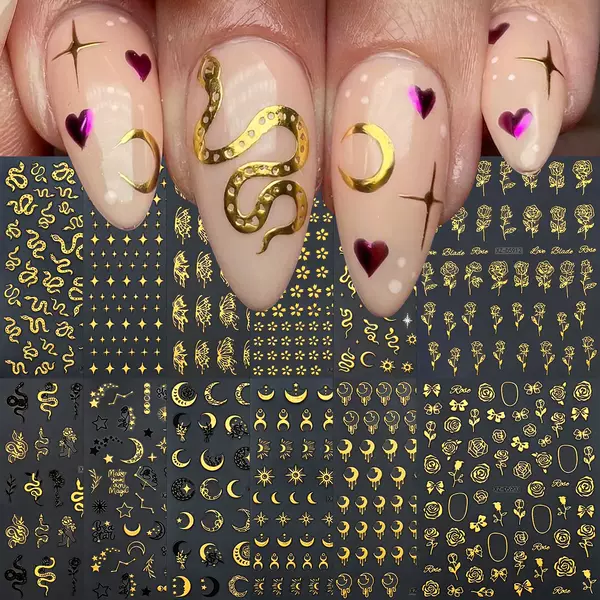 12-piece set of gold-embossed snake, star, and moon nail art stickers, European and American nail decoration, self-adhesive, light luxury flat nail stickers