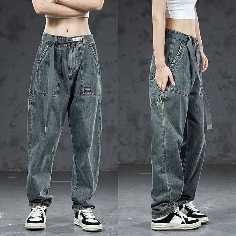 boy Men's Autumn Winter American Retro Hot-Selling Cargo Jeans Trendy New Pocket Casual Loose Long Pants_viptrois.com