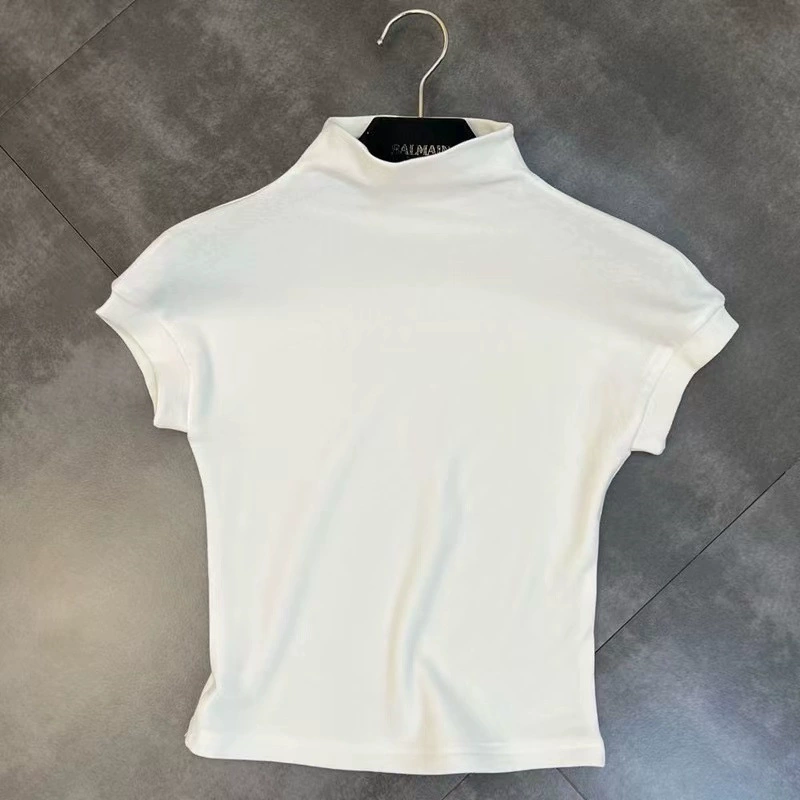 Детская эластичная футболка, высокий воротник, короткий рукав, slim Korean style, лето (размеры 2–17)