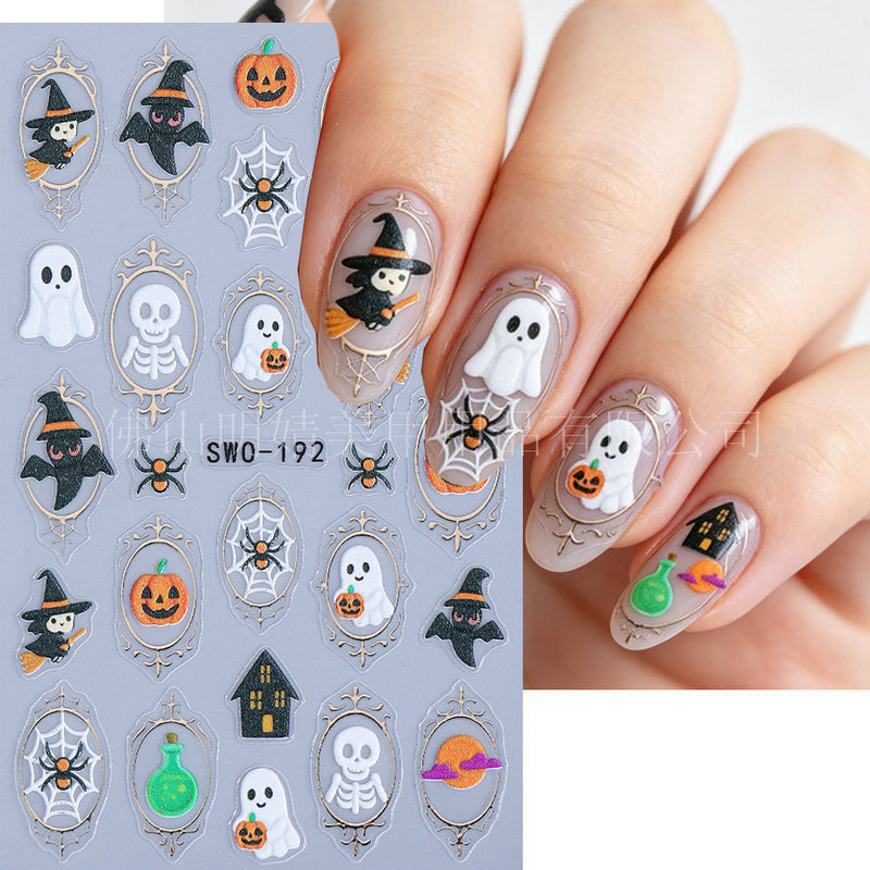 Cross-Border New Halloween Nail Stickers Ghost Skull Spider Web Adhesive Nail Stickers Wholesale Nail