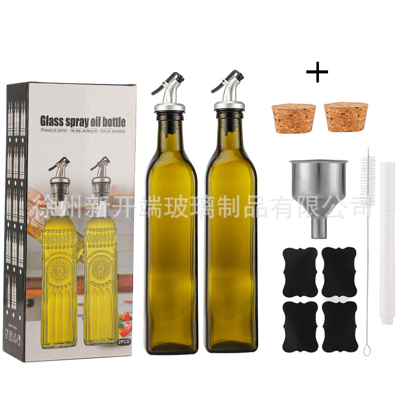 Botella de aceite de vidrio Amazon 500ml dispensador de olla de aceite de oliva verde oscuro Juego de botella de vinagre transfronterizo