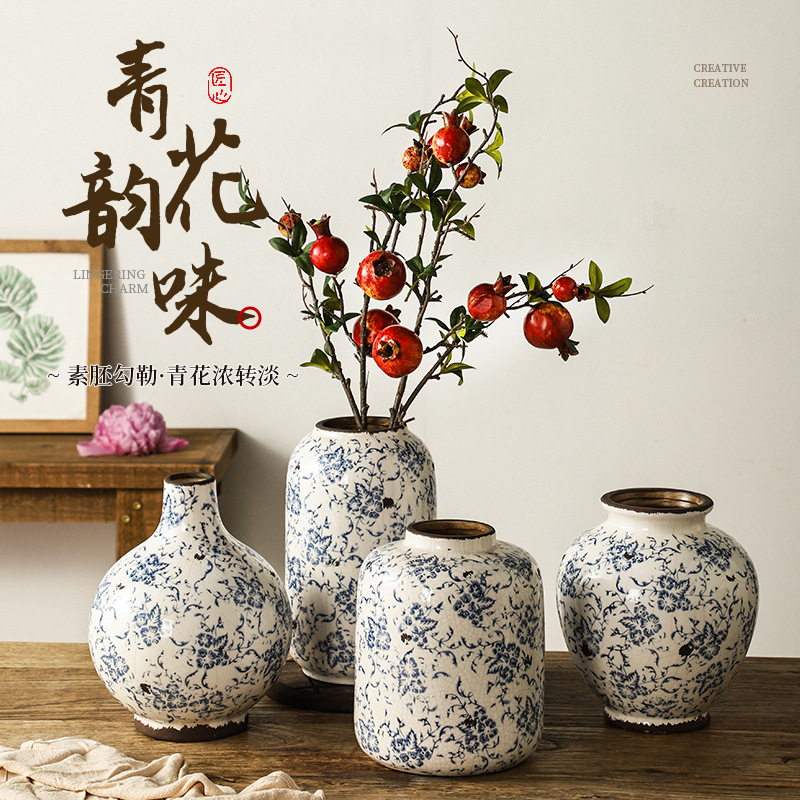 Vintage Mottled Old Blue and White Porcelain Vase Large Ceramic Ornaments Creative Living Room Water-raised Flower-arranging High-level New Chinese Style